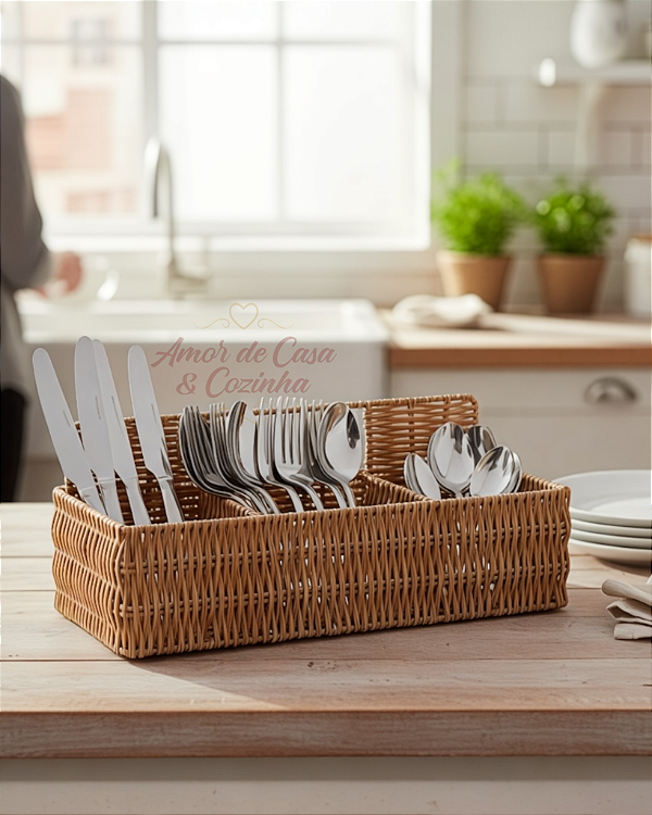 PORTA TALHER E UTENSÍLIOS RETANGULAR RATTAN IRON