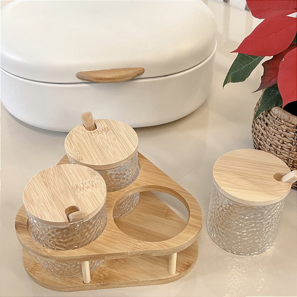 PORTA CONDIMENTOS DE VIDRO E BAMBU 7 PEÇAS