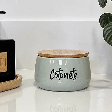 POTE DE CERÂMICA VERDE COM TAMPA DE BAMBU COTONETE