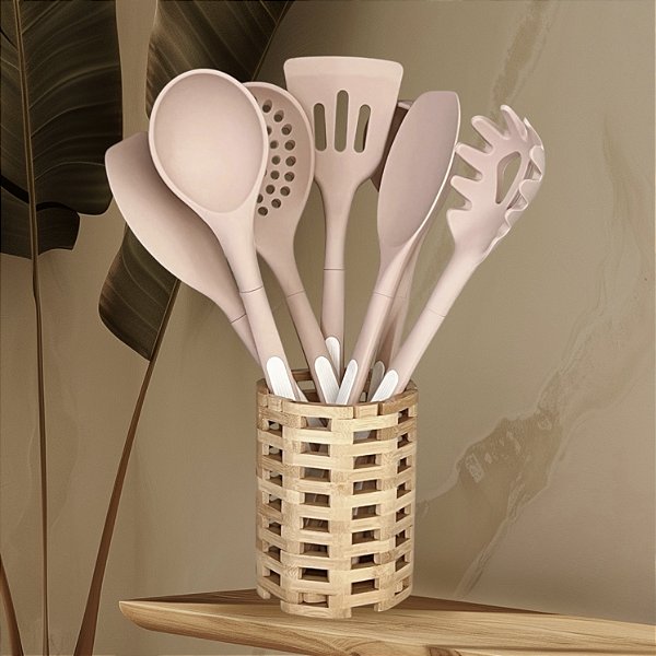 KIT UTENSÍLIOS DE SILICONE E BAMBU ANTIDERRAPANTE ROSA 8 PEÇAS