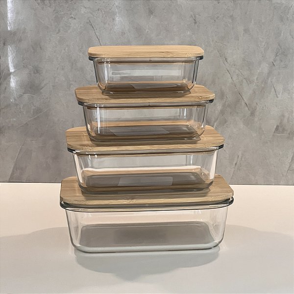 CONJUNTO 4 POTES HERMÉTICOS COM TAMPA DE BAMBU