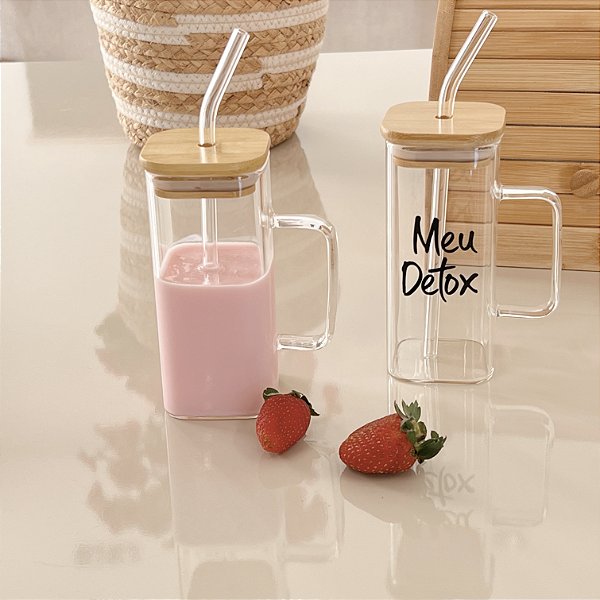 CANECA VIDRO PERSONALIZADA TAMPA DE BAMBU E CANUDO 400ML