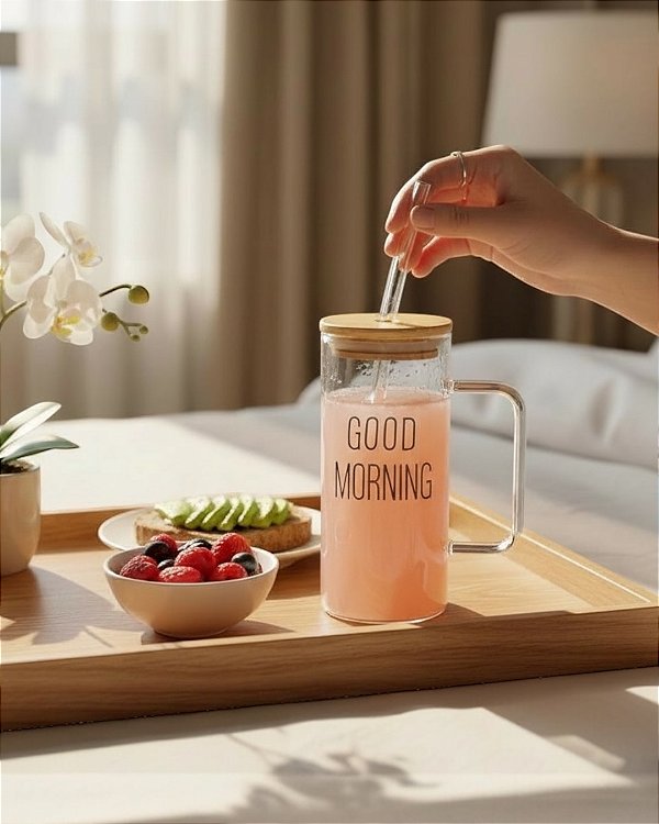 CANECA VIDRO PERSONALIZADA TAMPA DE BAMBU E CANUDO 400ML