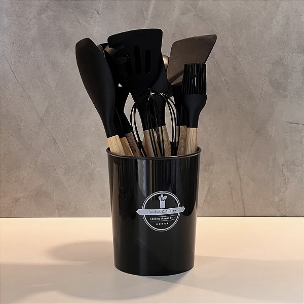 KIT UTENSÍLIOS DE SILICONE E BAMBU PRETO 12 PEÇAS