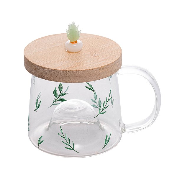 CANECA DIVERTIDA DE VIDRO COM PIRES DE BAMBU SUCULENTA 350ML