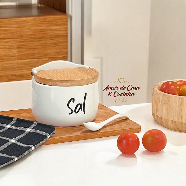 SALEIRO DE PORCELANA E BAMBU