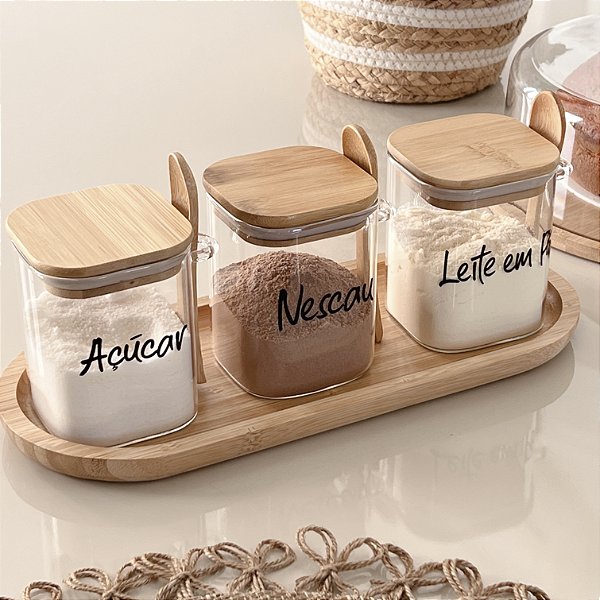 KIT 3 POTES 400ML COM TAMPA COLHER E BANDEJA DE BAMBU JÚLIAA