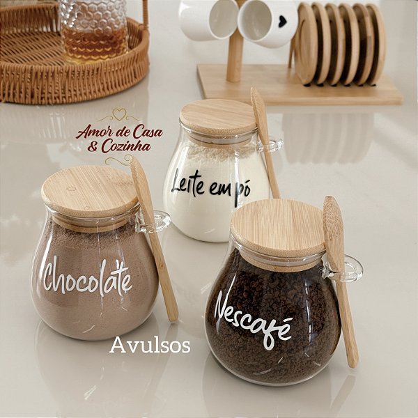 ESCOLHA A PERSONALIZAÇÃO 400ML POTE STYLE TAMPA E COLHER DE BAMBU