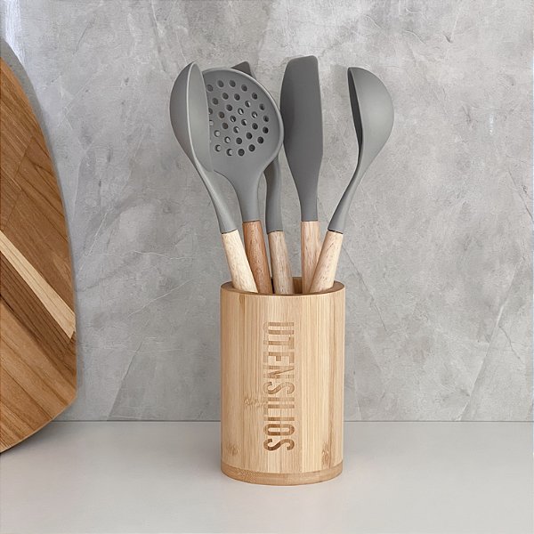 KIT UTENSÍLIOS DE SILICONE CINZA COM CABO DE MADEIRA 6UN