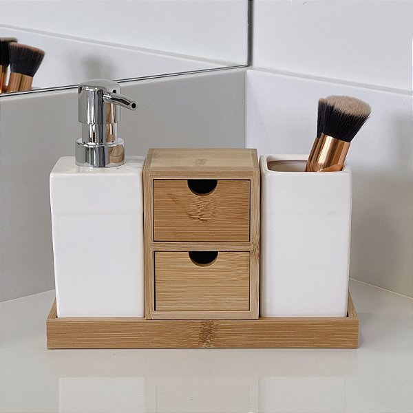 KIT DE BANHEIRO 5 PEÇAS  CERÂMICA E BAMBU