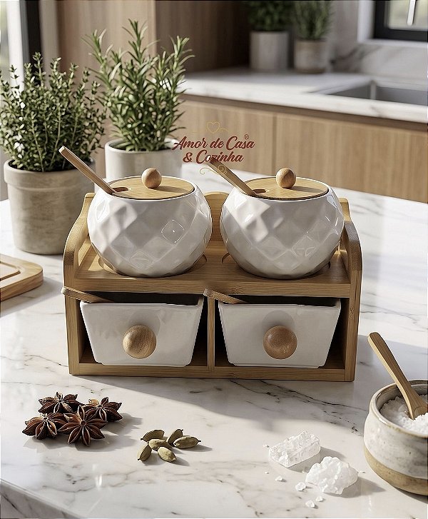 PORTA CONDIMENTOS DE PORCELANA E BAMBU 9 PEÇAS GRANFINE