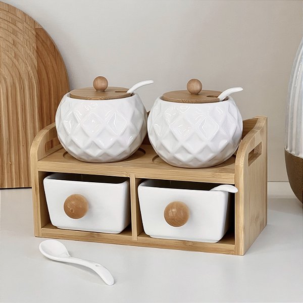PORTA CONDIMENTOS DE PORCELANA E BAMBU 9 PEÇAS GRANFINE