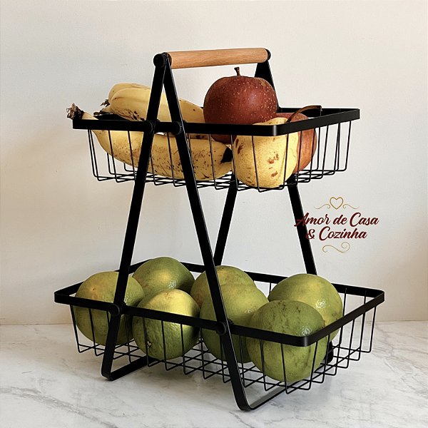 FRUTEIRA DUPLA DE METAL COM ALÇA DE BAMBU 32CM