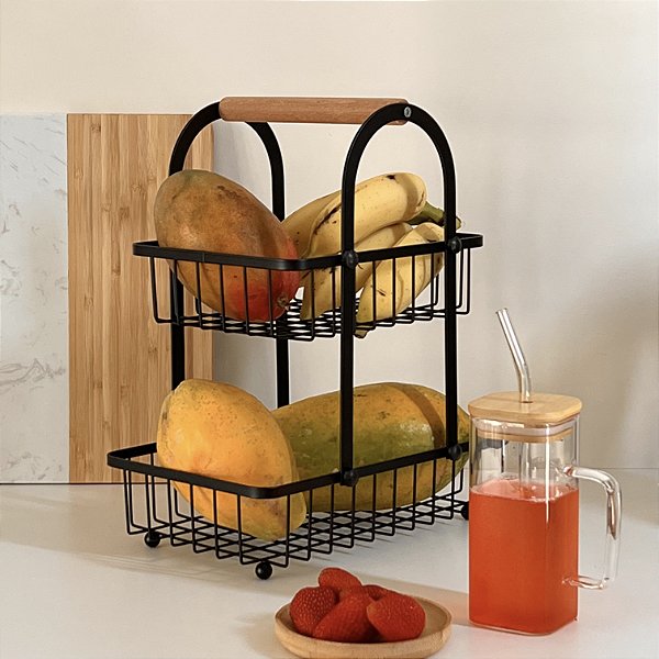 FRUTEIRA DUPLA DE METAL COM ALÇA DE BAMBU PRETA 33CM