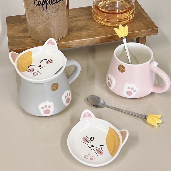 CANECA DE CERÂMICA COM PIRES E COLHER NEW LIFE GATO