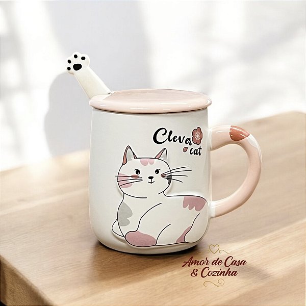 CANECA DE CERÂMICA COM PIRES E COLHER NEW LIFE 2 GATO