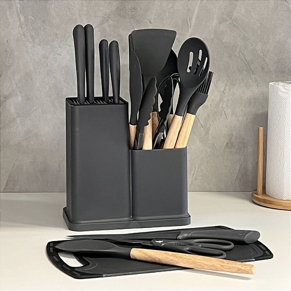 KIT UTENSÍLIOS 19 PEÇAS DE SILICONE E BAMBU