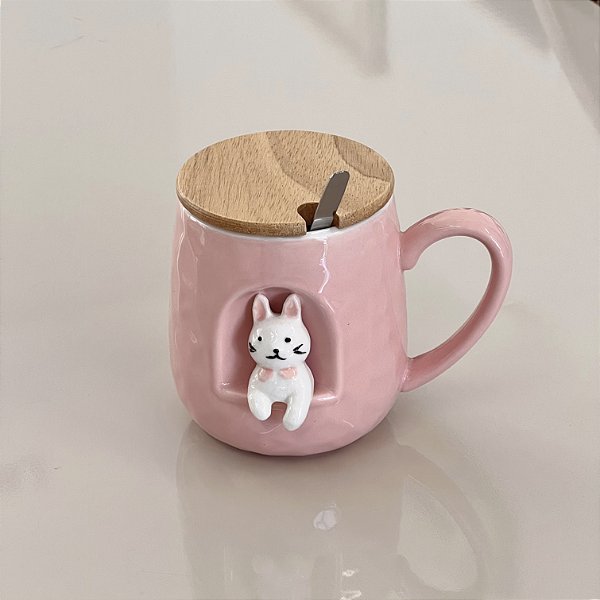 CANECA DE CERÂMICA COM PIRES E COLHER NEW LIFE GATO ROSA