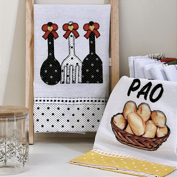 KIT 3 PANOS DE PRATO PATCHWORK COLHER BULE E PÃO