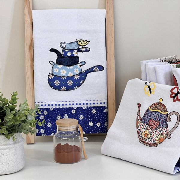 KIT 2 PANOS DE PRATO PATCHWORK BULE E XÍCARAS