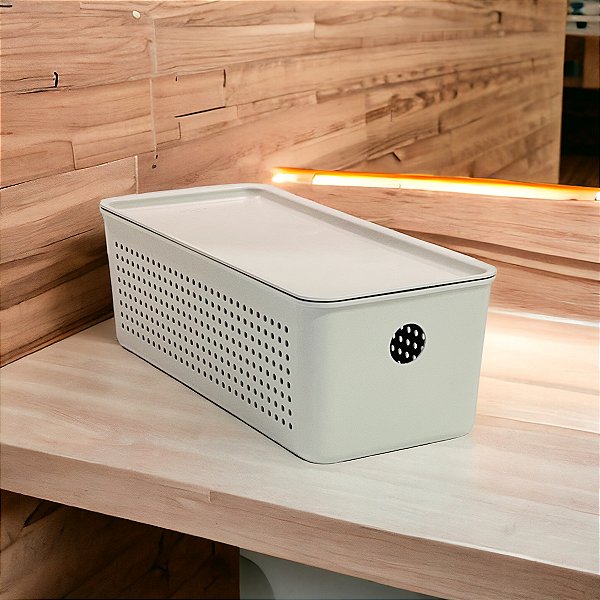 CESTO ORGANIZADOR FLOW BEGE COM TAMPA 27X12X9CM