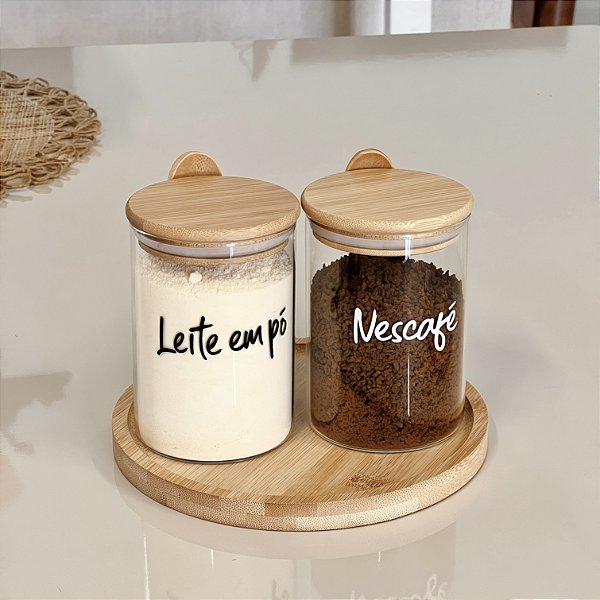 KIT 2 POTES 600ML COM TAMPA COLHER E BANDEJA DE BAMBU JADE