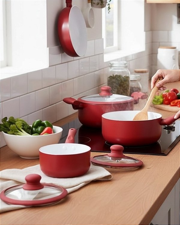 CONJUNTO 5 PANELAS CARMIN VERMELHO QUEIMADO APTA AO FOGÃO DE INDUÇÃO