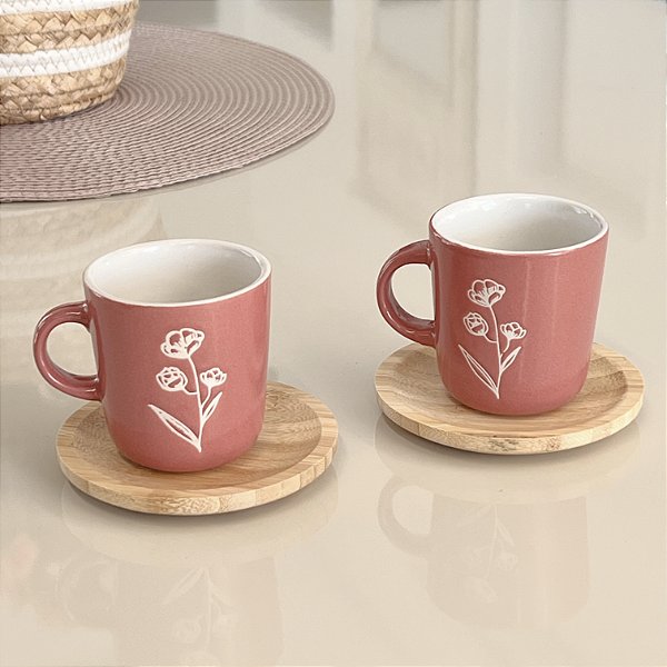 CONJUNTO CANECAS COM PIRES PORCELANA FLORES 2 UN 170ML