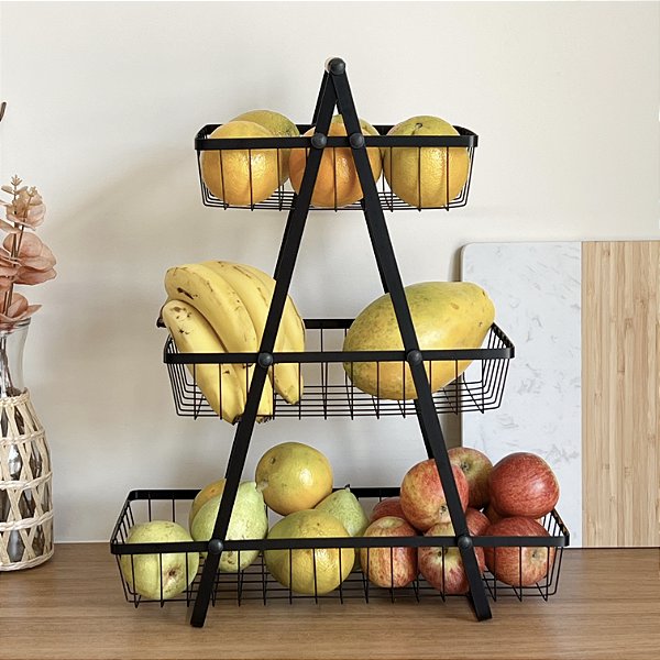 FRUTEIRA TRIPLA DE METAL COM ALÇA DE BAMBU PRETA 40X18X49,5CM