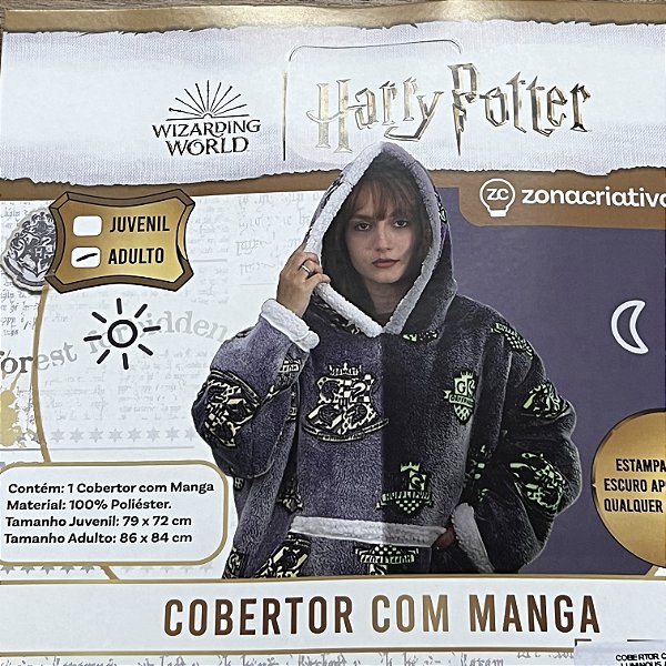 COBERTOR HARRY POTTER COM MANGAS E CAPUZ HOODIE LUMINOUS ADLT HOGWARTS