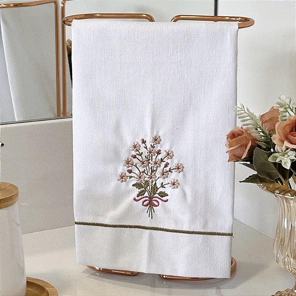 TOALHA DE LAVABO LINHO BORDADA BUQUÊ NUDE