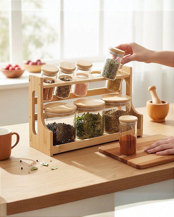 KIT TEMPEROS E RACK DE BAMBU