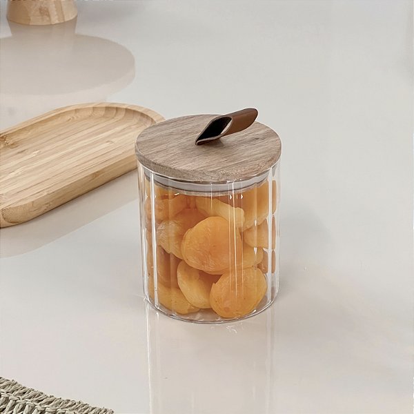 POTE CANELADO HERMÉTICO COM TAMPA DE MADEIRA ACÁCIA 560ML
