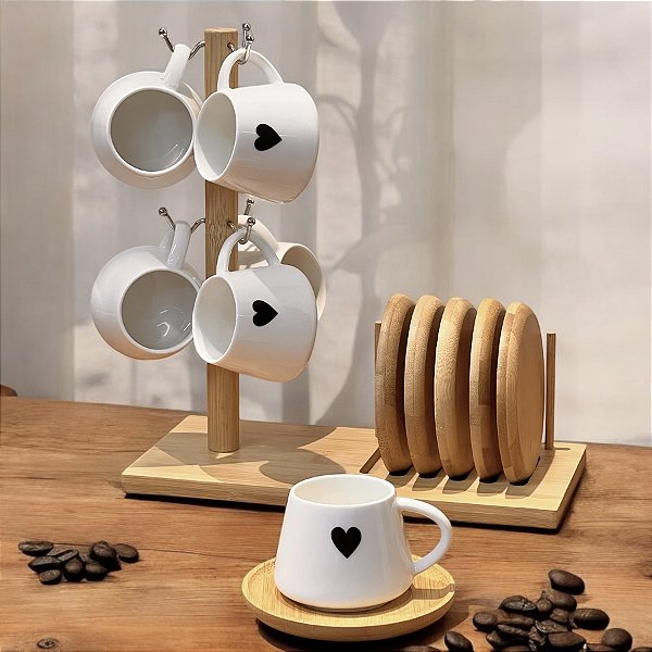 CONJUNTO 6 XÍCARAS DE CAFÉ COM SUPORTE DE BAMBU GRANFINE 90ML