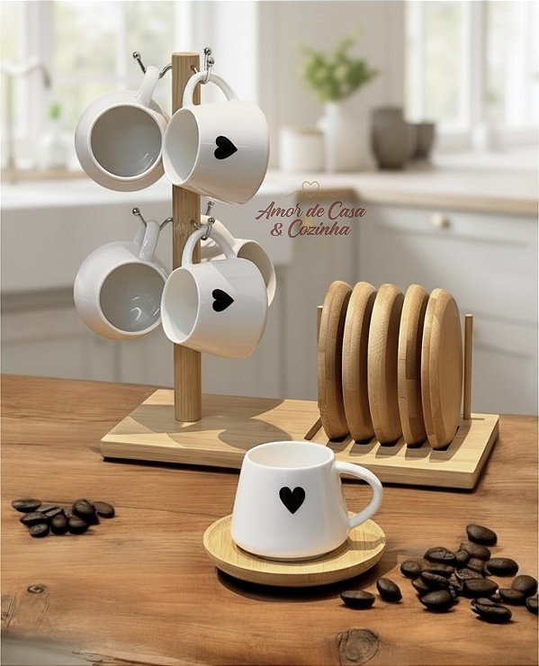 CONJUNTO 6 XÍCARAS DE CAFÉ COM SUPORTE DE BAMBU GRANFINE 90ML