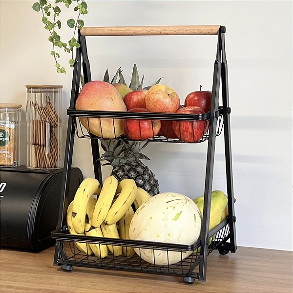 FRUTEIRA DUPLA DE METAL COM ALÇA DE BAMBU PRETA 34X36X52CM