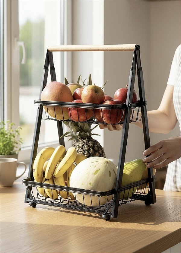 FRUTEIRA DUPLA DE METAL COM ALÇA DE BAMBU PRETA 34X36X52CM