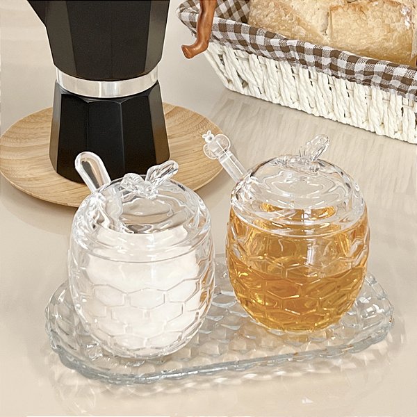 KIT BANDEJA MELEIRA E AÇUCAREIRO DE CRISTAL BEE