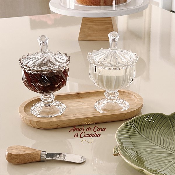 KIT 2 BOMBONIERE DE CRISTAL COM BANDEJA DE BAMBU