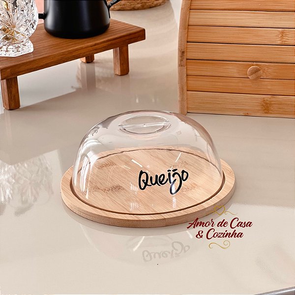 QUEIJEIRA DE BAMBU COM TAMPA DE ACRÍLICO 19 CM PERSONALIZADA
