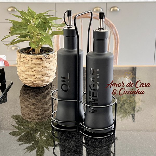 KIT GALHETEIROS PRETO COM SUPORTE 300ML 3 PEÇAS