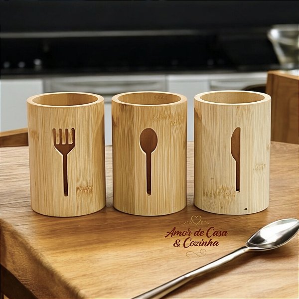 PORTA TALHER E UTENSÍLIOS DE BAMBU