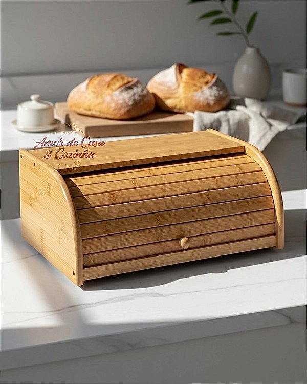 PORTA PÃO BAMBU COM TAMPA RETRÁTIL 38CM