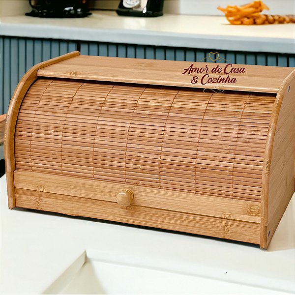 PORTA PÃO BAMBU COM TAMPA RETRÁTIL 38CM