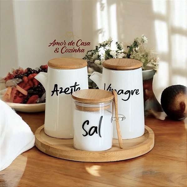 KIT GALHETEIRO 4 PEÇAS PORCELANA E BANDEJA DE BAMBU