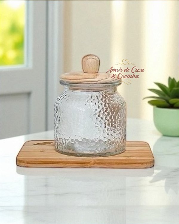 POTE DE VIDRO MARTELADO COM TAMPA DE BAMBU 1L