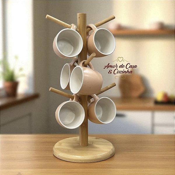 CONJUNTO 6 CANECAS DE CERÂMICA COM SUPORTE EM BAMBU