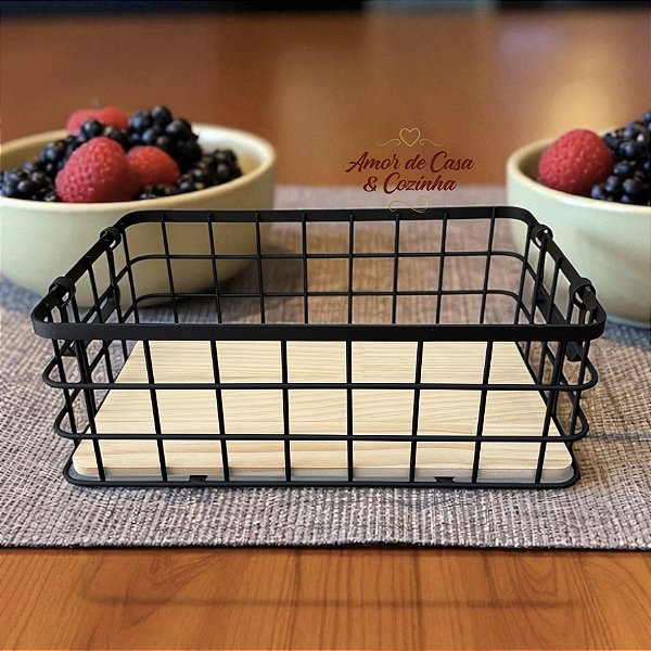 CESTO ORGANIZADOR FRUTEIRA DE FERRO E MADEIRA ARAMADA 33,5CM