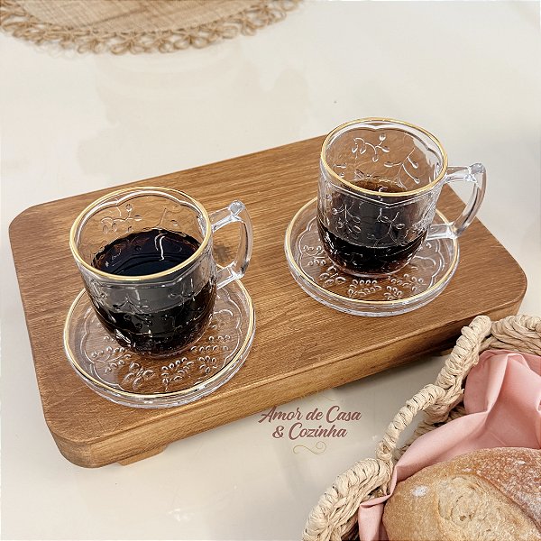 CONJUNTO 2 CANECAS COM PRATINHO DE VIDRO NEW BUTTERFLY FIO DE OURO 200ML