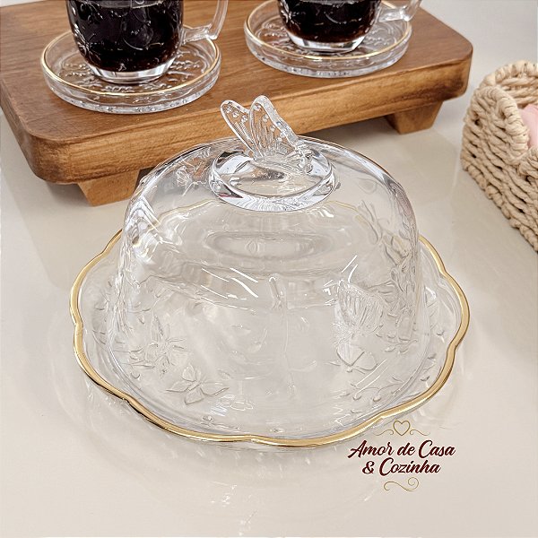 QUEIJEIRA COM TAMPA NEW BUTTERFLY COM FIO DE OURO 19,5CM X 12,5CM CRISTAL